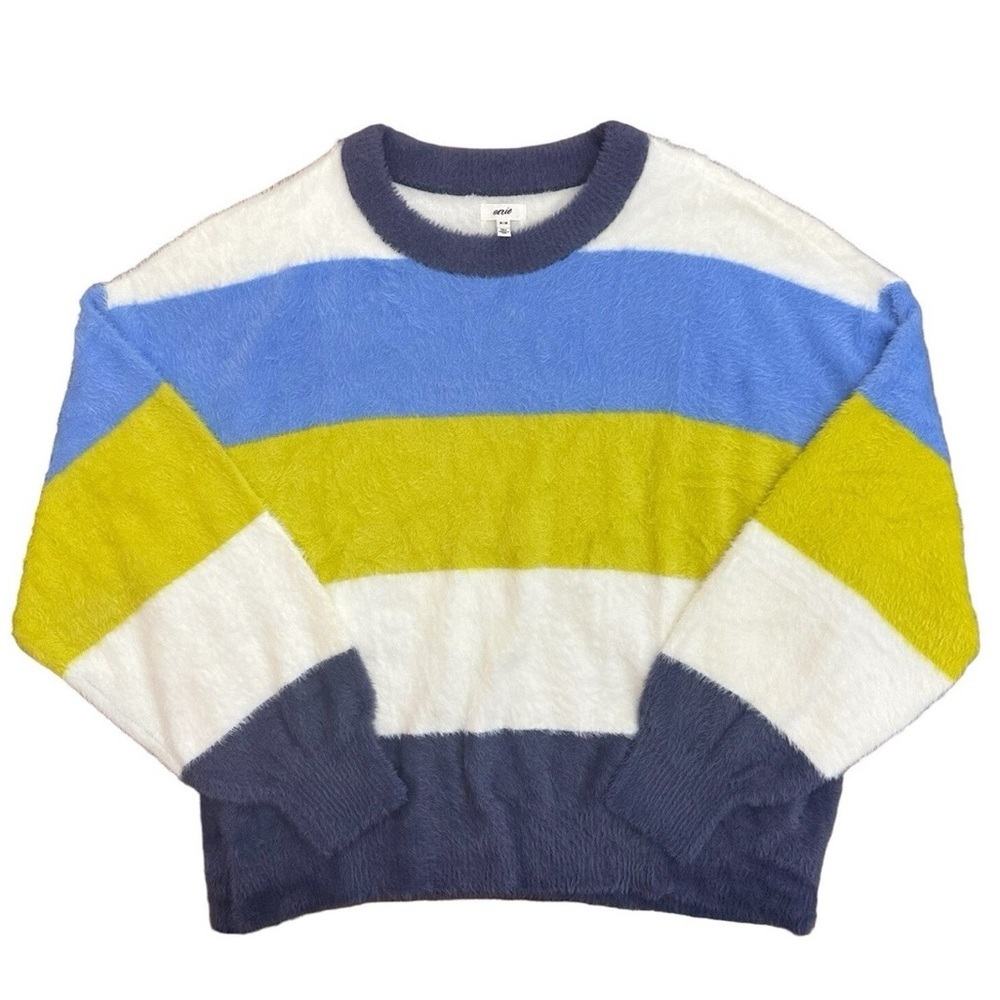 Aerie Blue and Yellow Crew Neck Sweater with Bold Stripes